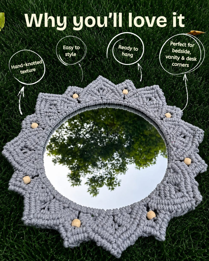 Beaded Sun Mirror - Light Grey
