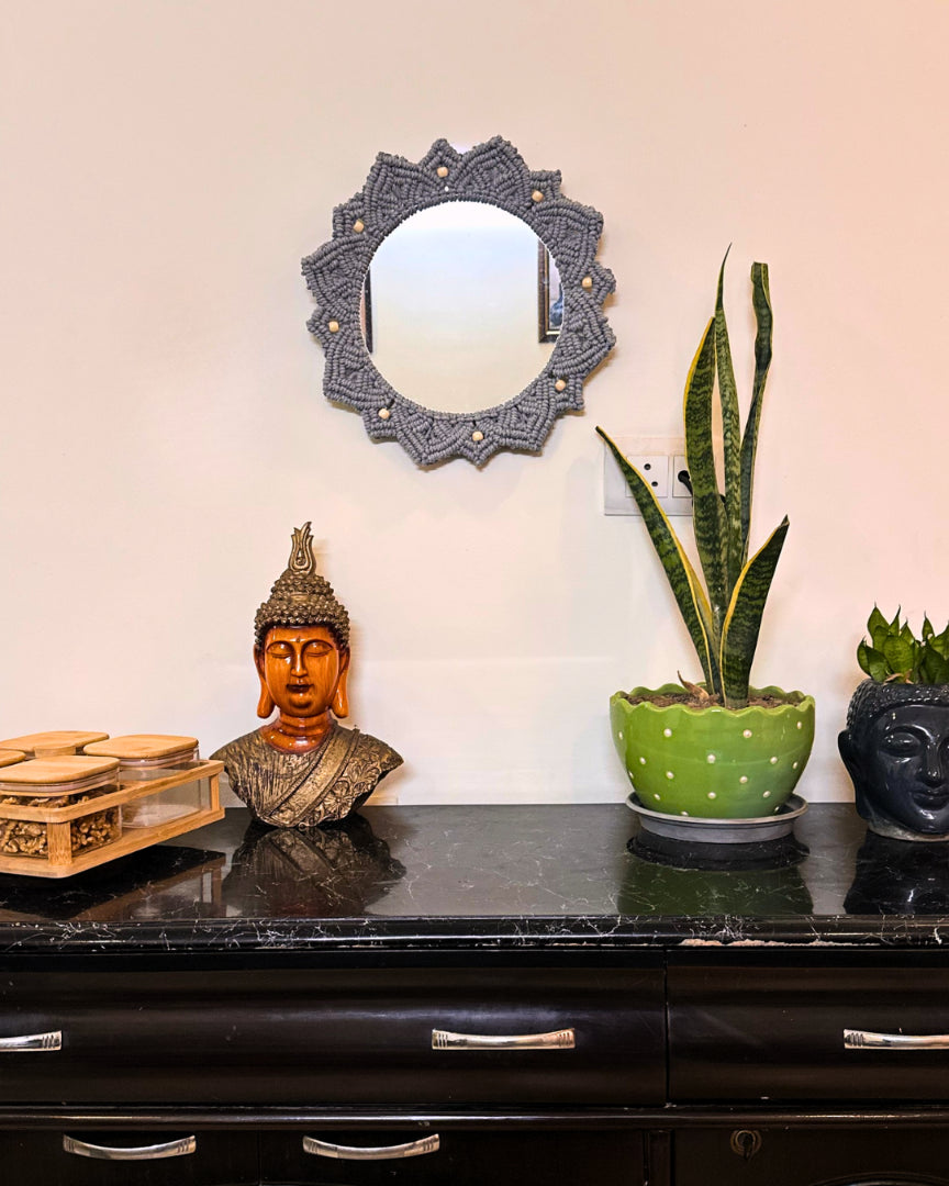 Beaded Sun Mirror - Light Grey
