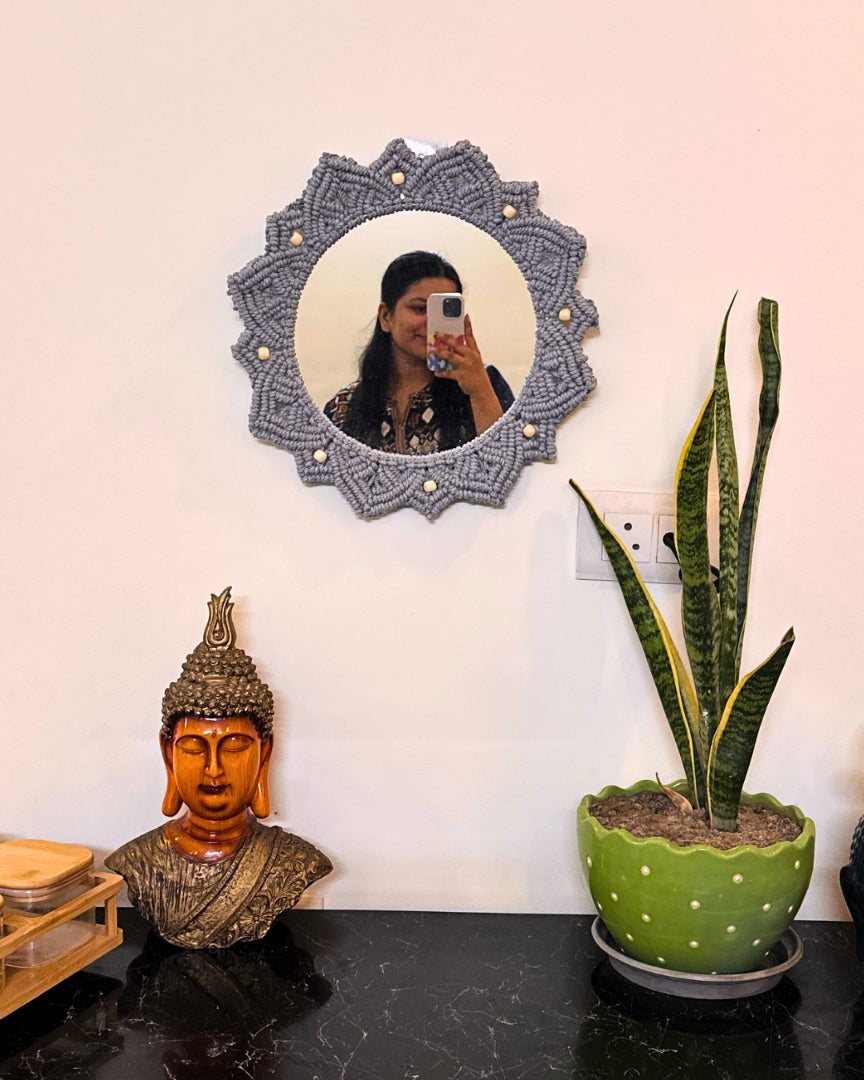 Beaded Sun Mirror - Light Grey