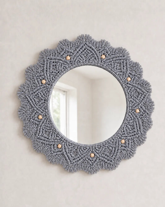 Beaded Sun Mirror - Light Grey