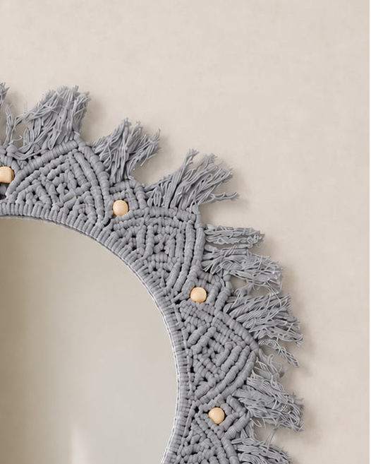 Beaded Sun Mirror - Light Grey