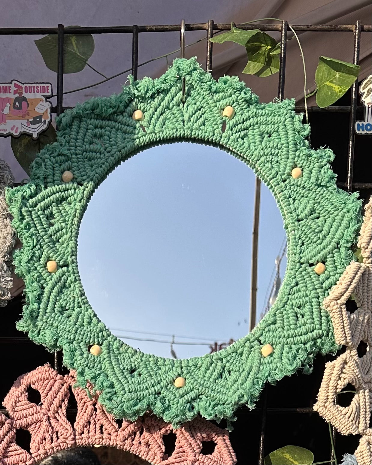 Beaded Sun Mirror - Green