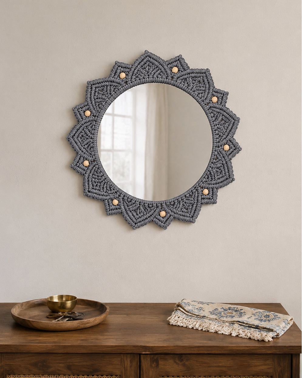 Beaded Sun Mirror - Light Grey