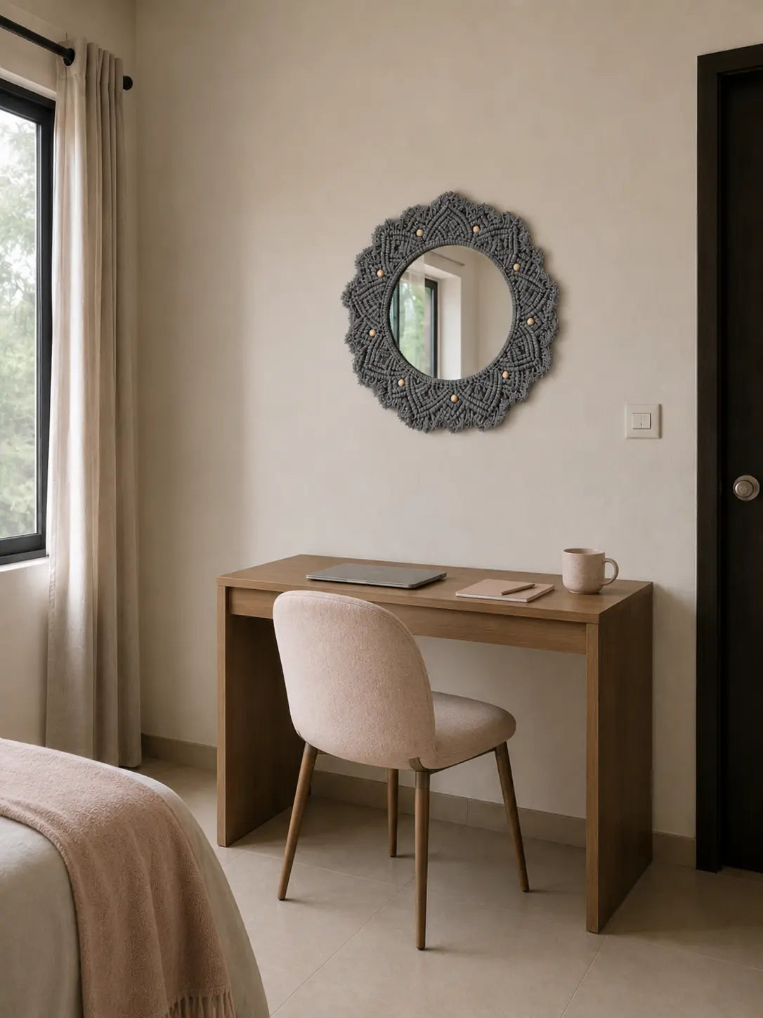 Beaded Sun Mirror - Light Grey