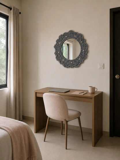 Beaded Sun Mirror - Light Grey